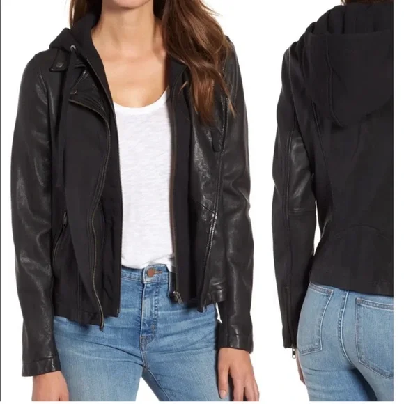 Caslon Black Leather Moto Jacket Women Large Removable Hood - Picture 1 of 16